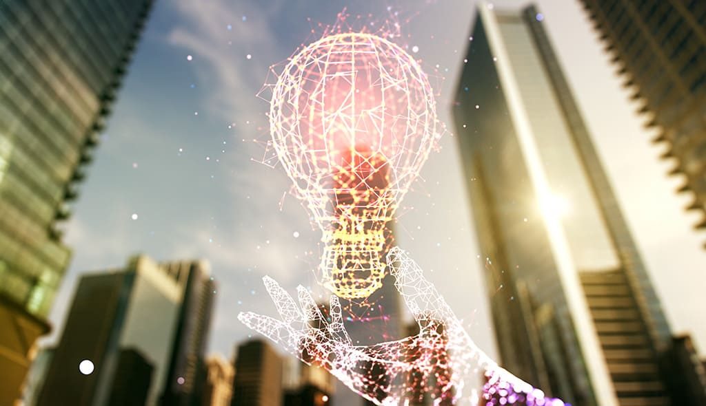 double-exposure-creative-light-bulb-hologram-modern-skyscrapers-background-research-development-concept